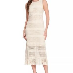 NEW London Times Size 10 Sleeveless Crochet Maxi Dress, Fringe Cotton Womens